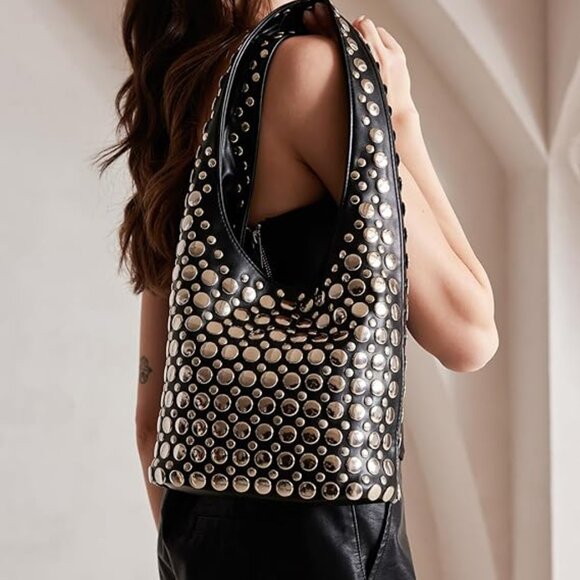 Neiman Marcus Studded Y2K Rivet Hobo Bucket Purse - Picture 2 of 8